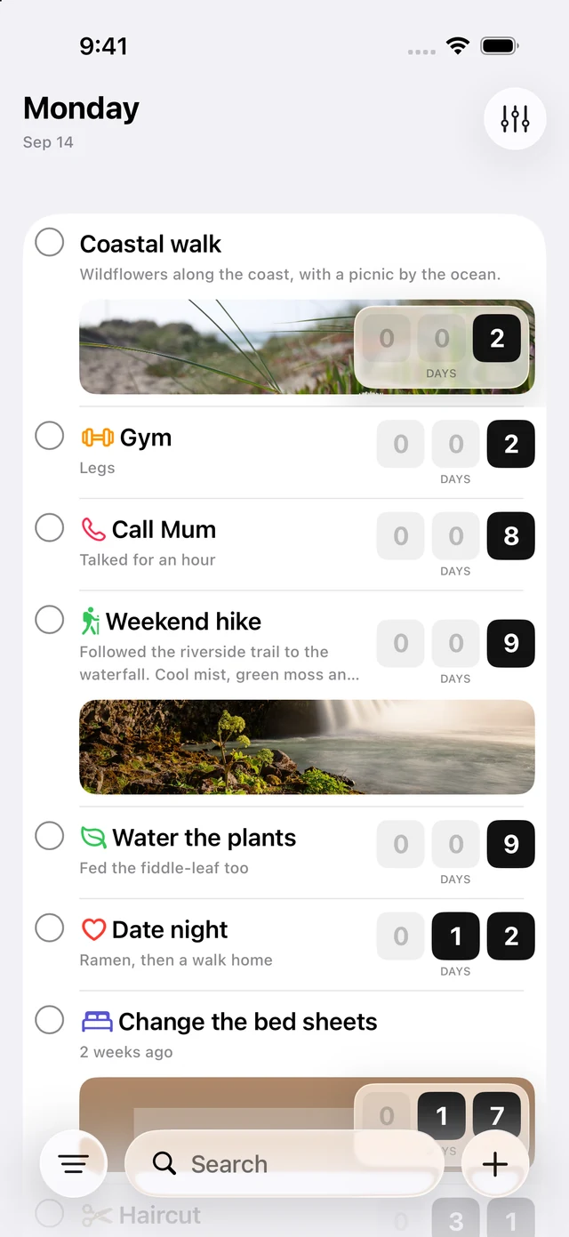 The Last Time event list on iPhone, each row showing the number of days since that thing last happened.
