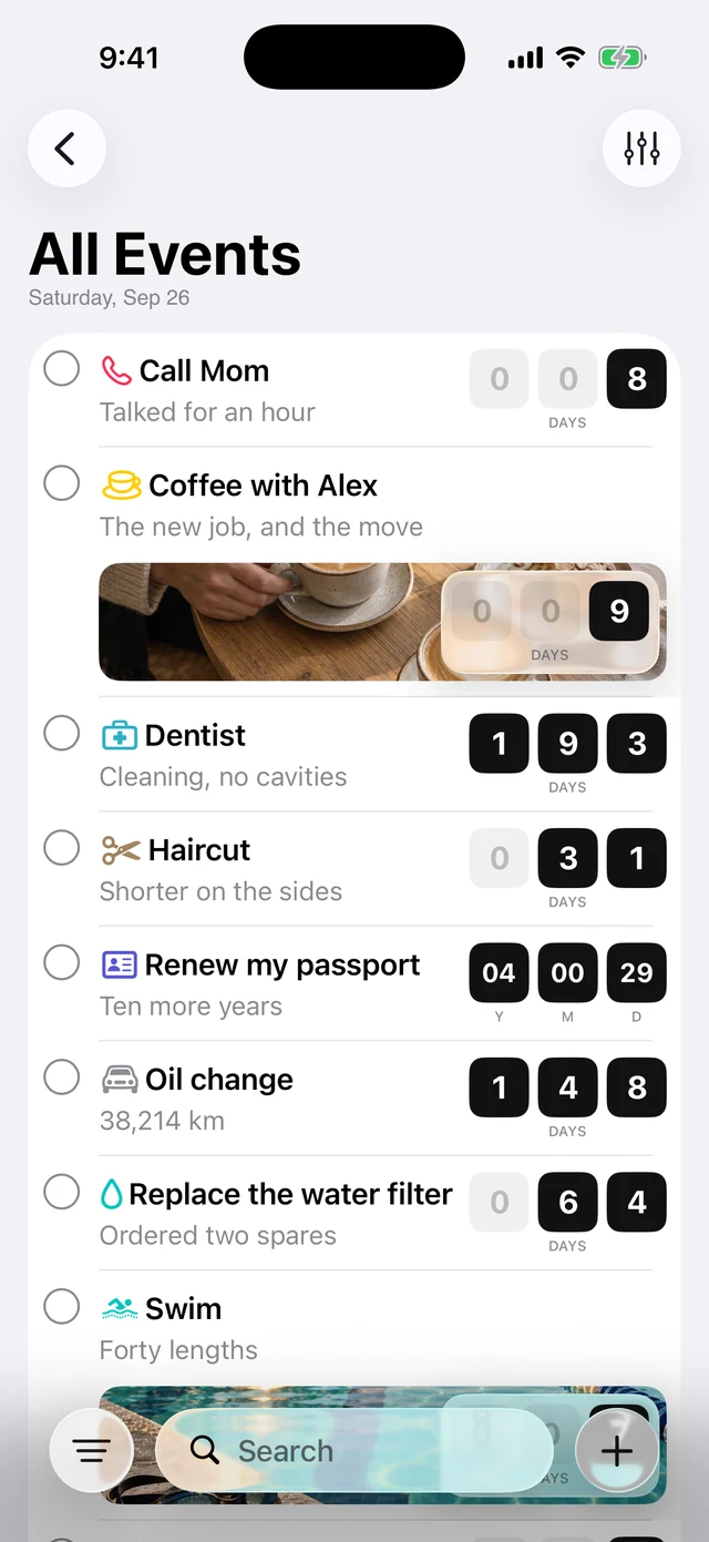Last Time on iPhone, with photo-backed demo events alongside everyday counters.