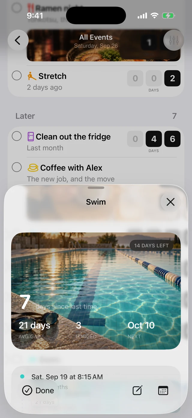 An event opened in a sheet, with its cover photo and controls to mark it done, add a note or choose a date.