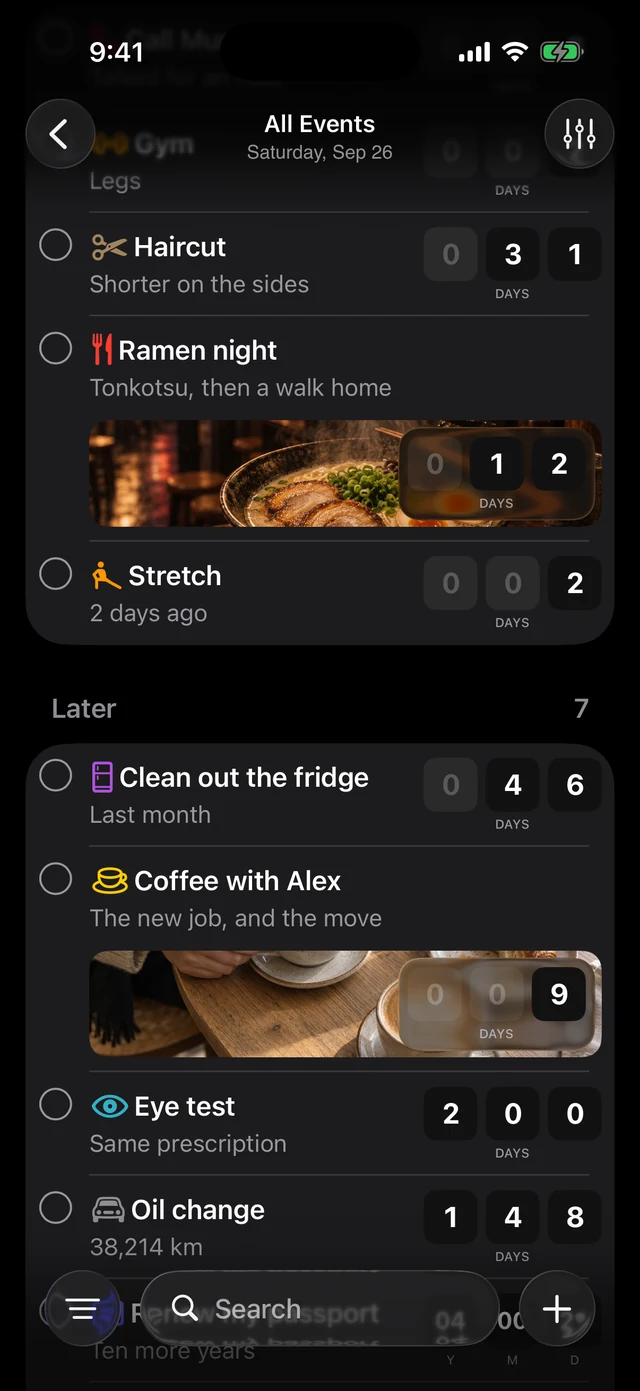 The Last Time event list in dark mode, with cover photos and elapsed-time counters.