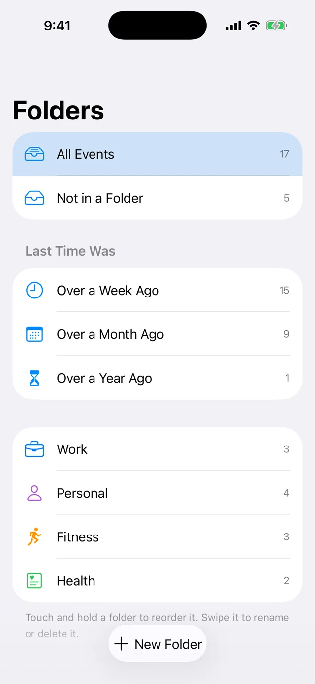 Folders in Last Time, with Work, Personal, Fitness and Health, each with its own icon.